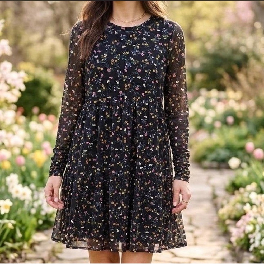 AFRM Mesh Tiered Babydoll Floral Mini Dress Small